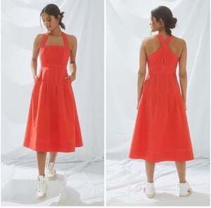 Maeve by Anthropologie Orange Seersucker Cross-Back Midi Dress w/pink stitching